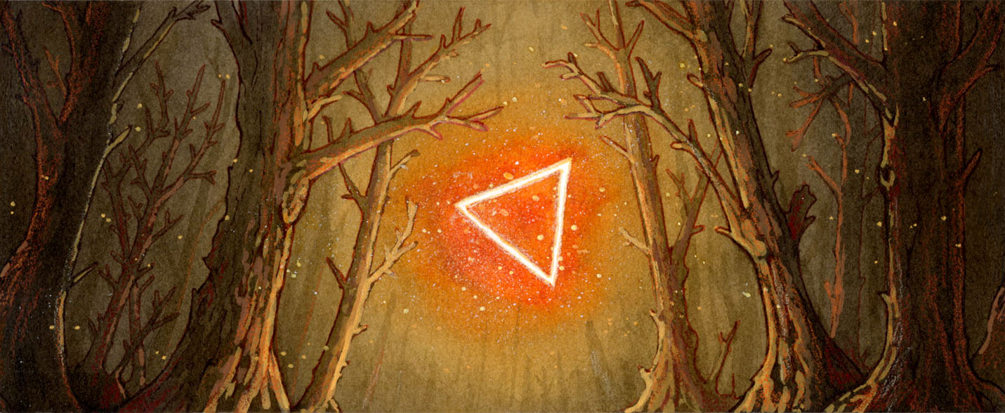 Banner - painting of a forest with trees missing their leaves. There is a floating triangle glowing ominously in the center.
