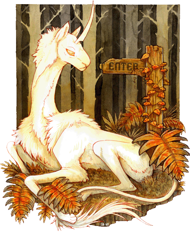 A painting of a white beast with a long neck and horn sitting amongst some foliage in a forest. There is a overgrown sign that says 'Enter', though there may be remnants of some proceeding words.